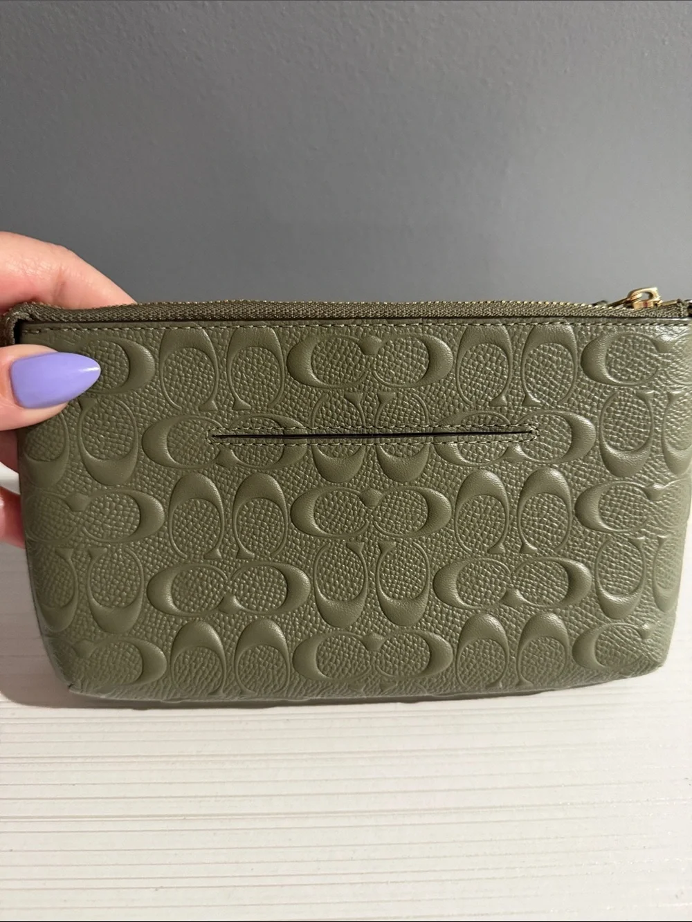 Coach Signature Leather Rivet Chain Wristlet Wallet Military Green $178